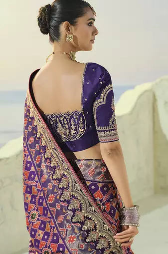 purple pure patan patola silk blend saree with mirror & heavy moti handwork