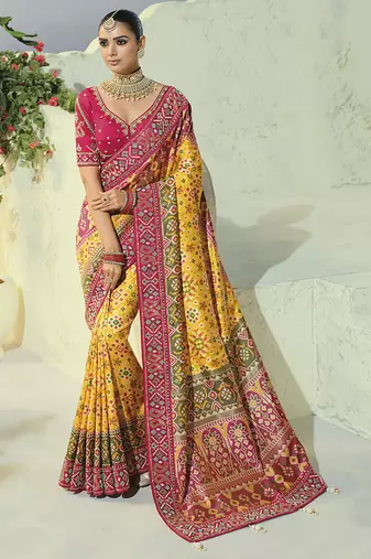 yellow pure patan patola silk blend saree with heavy hand work