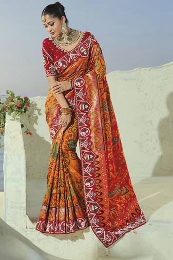 orange pure patan patola silk blend saree cream moti & beads heavy handwork