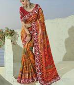 orange pure patan patola silk blend saree cream moti & beads heavy handwork