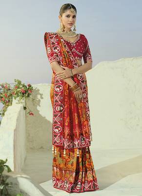 orange pure patan patola silk blend saree cream moti & beads heavy handwork 2