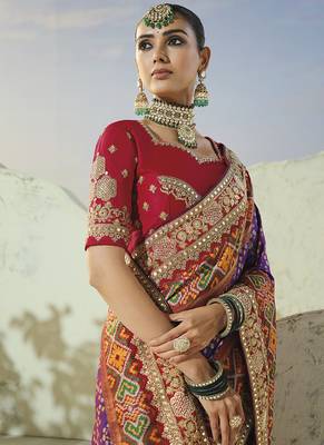 orange pure patan patola silk blend saree cream moti & beads heavy handwork 3