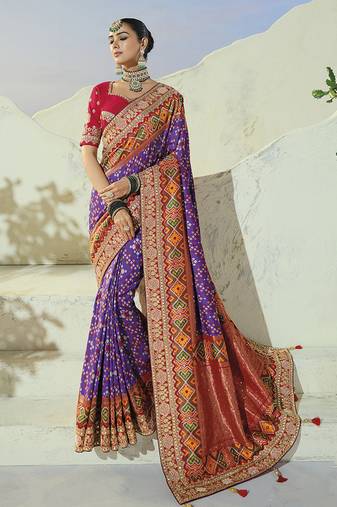 purple pure patan patola silk blend saree with heavy handwork