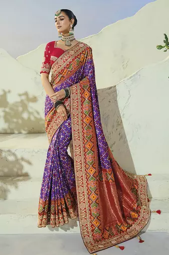 purple pure patan patola silk blend saree with heavy handwork