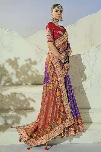 purple pure patan patola silk blend saree with heavy handwork