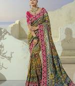 mustard pure patan patola silk blend saree with heavy cream moti & beads handwork