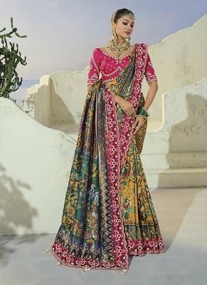 mustard pure patan patola silk blend saree with heavy cream moti & beads handwork 2