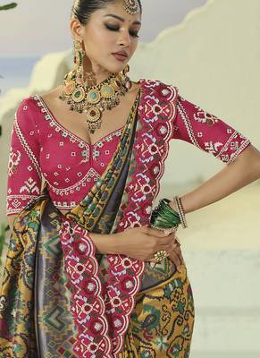 mustard pure patan patola silk blend saree with heavy cream moti & beads handwork 3