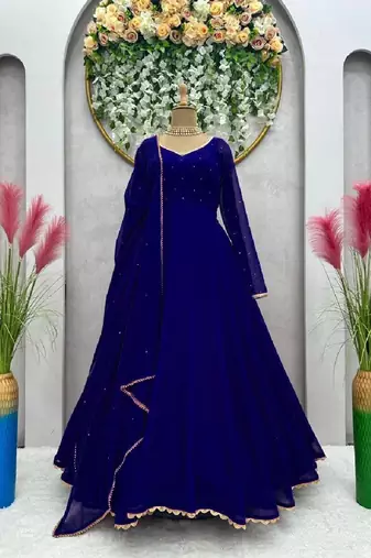 Blue stone work full flared anarkali with dupatta