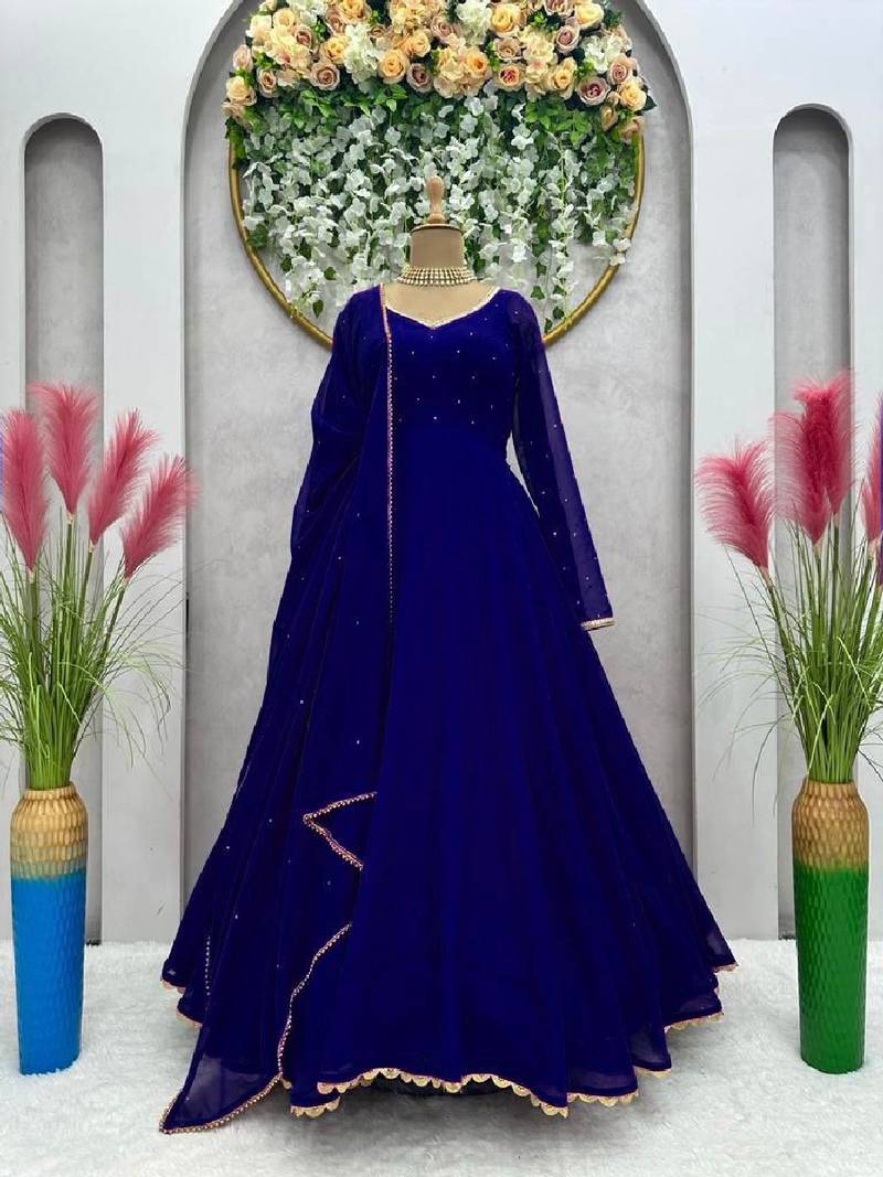 Blue stone work full flared anarkali with dupatta