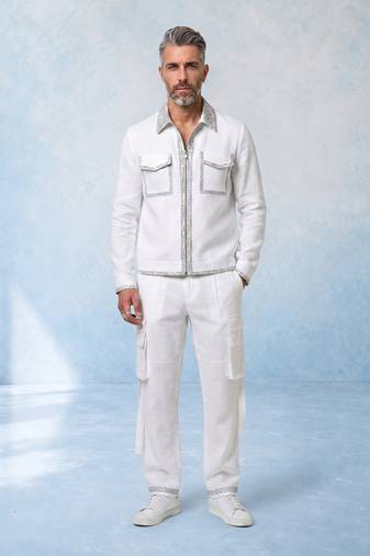 White and grey hand woven linen bomber jacket