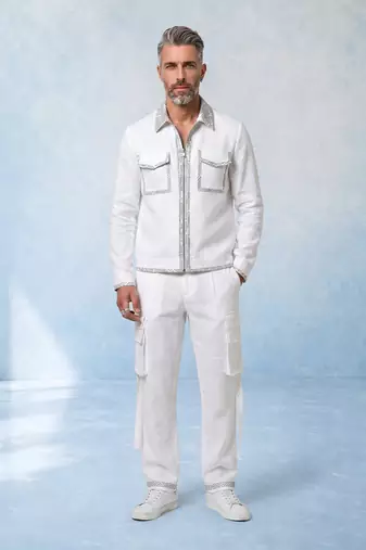 White and grey hand woven linen bomber jacket
