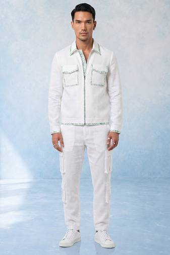 White and mint hand woven linen bomber jacket