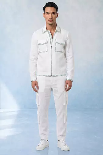 White and mint hand woven linen bomber jacket