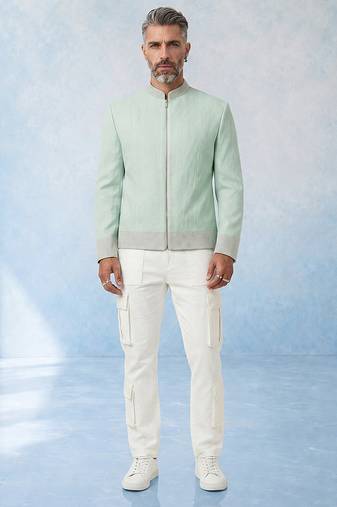 Mint green woven textured cotton bomber jacket