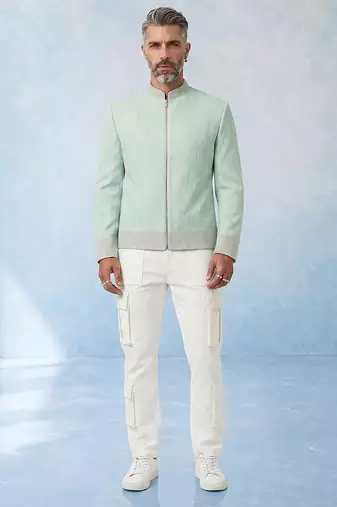 Mint green woven textured cotton bomber jacket