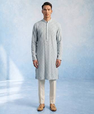 Baby blue embroidered georgette kurta pant set 1