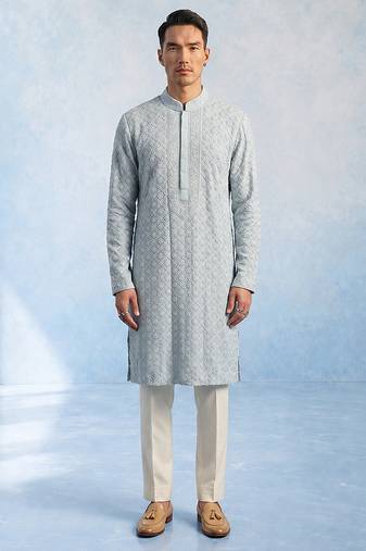 Baby blue embroidered georgette kurta pant set