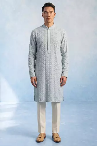 Baby blue embroidered georgette kurta pant set