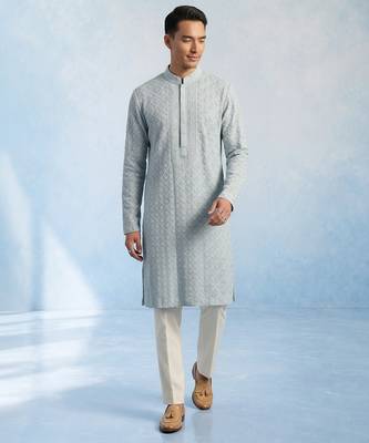 Baby blue embroidered georgette kurta pant set 4