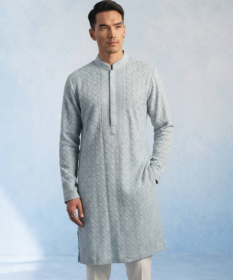 Baby blue embroidered georgette kurta pant set