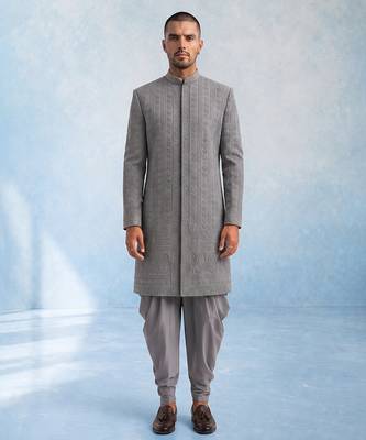 Charcoal grey embroidered georgette sherwani jacket 1