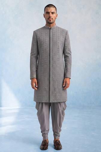 Charcoal grey embroidered georgette sherwani jacket