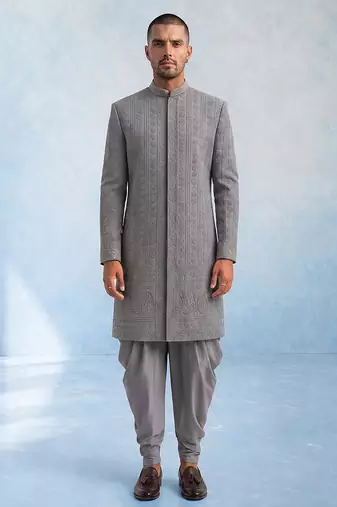 Charcoal grey embroidered georgette sherwani jacket