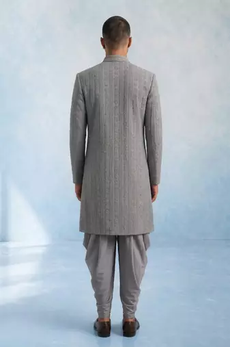 Charcoal grey embroidered georgette sherwani jacket