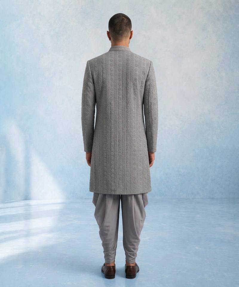 Charcoal grey embroidered georgette sherwani jacket
