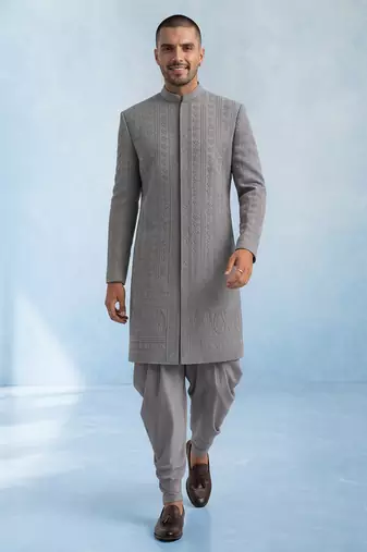 Charcoal grey embroidered georgette sherwani jacket
