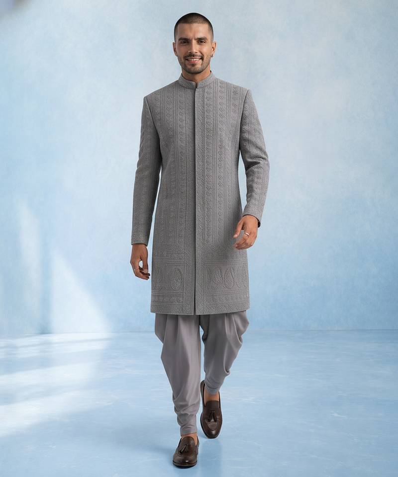 Charcoal grey embroidered georgette sherwani jacket