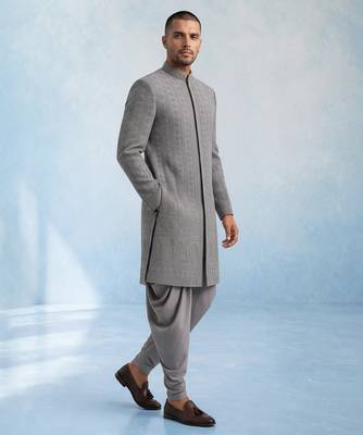 Charcoal grey embroidered georgette sherwani jacket 4