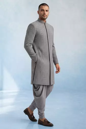 Charcoal grey embroidered georgette sherwani jacket