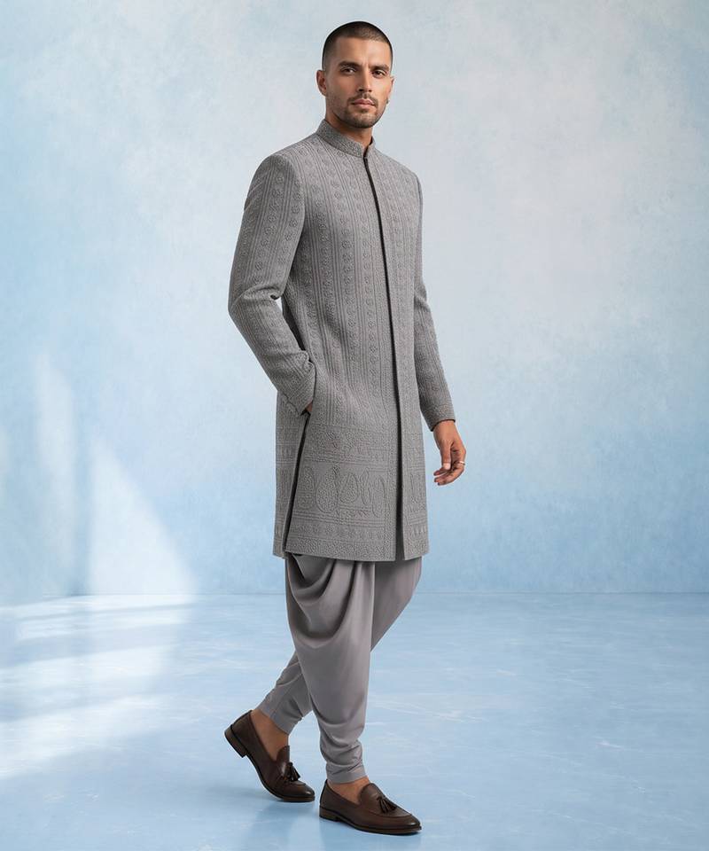 Charcoal grey embroidered georgette sherwani jacket