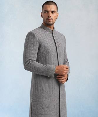 Charcoal grey embroidered georgette sherwani jacket 5