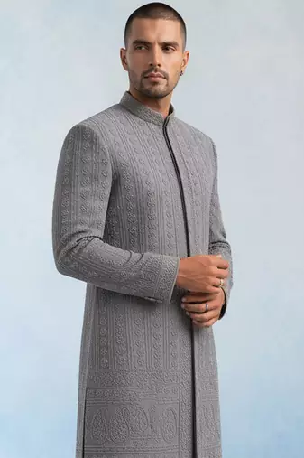 Charcoal grey embroidered georgette sherwani jacket