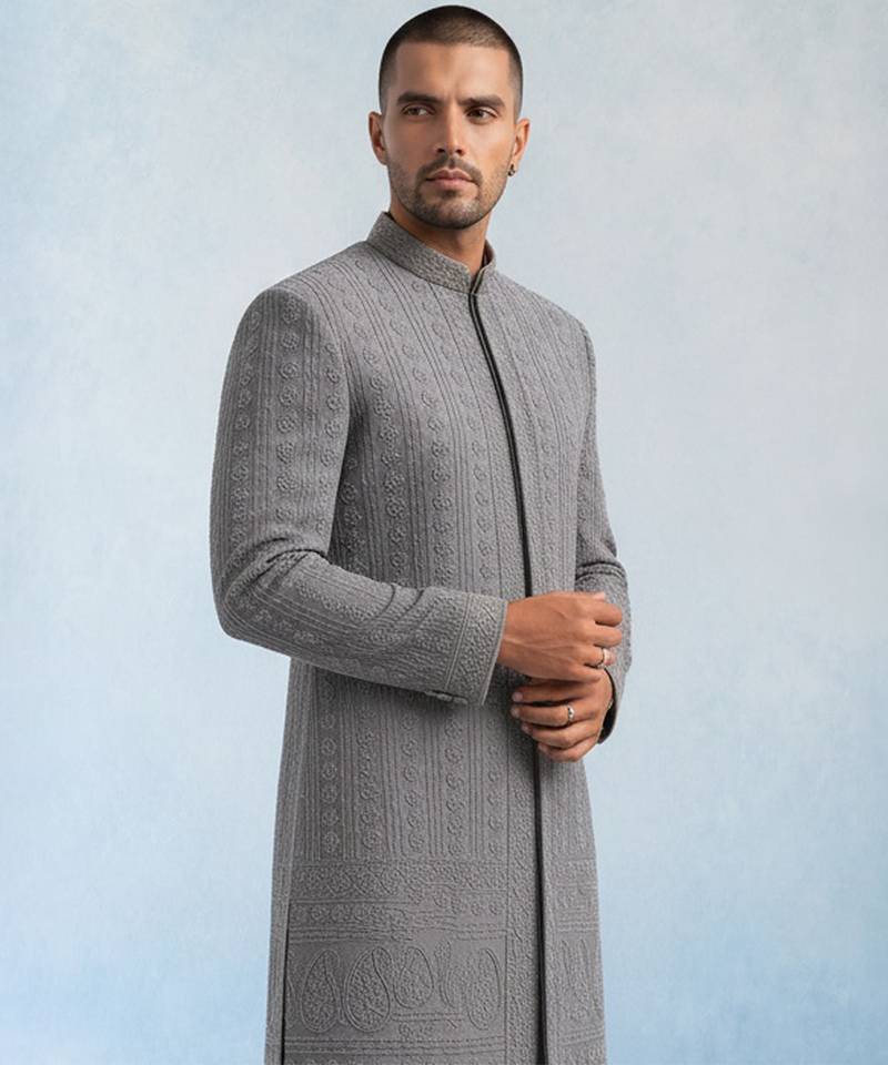Charcoal grey embroidered georgette sherwani jacket