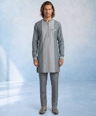 Charcoal grey colour blocked cotton kurta pant set 1