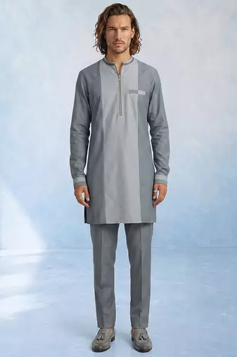 Charcoal grey colour blocked cotton kurta pant set