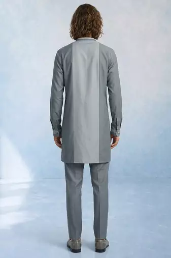 Charcoal grey colour blocked cotton kurta pant set