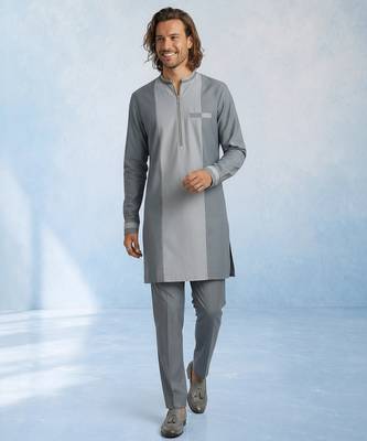 Charcoal grey colour blocked cotton kurta pant set 3