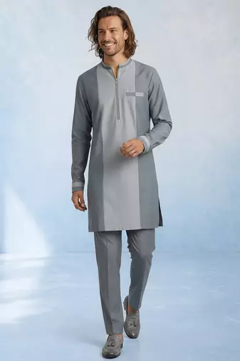 Charcoal grey colour blocked cotton kurta pant set