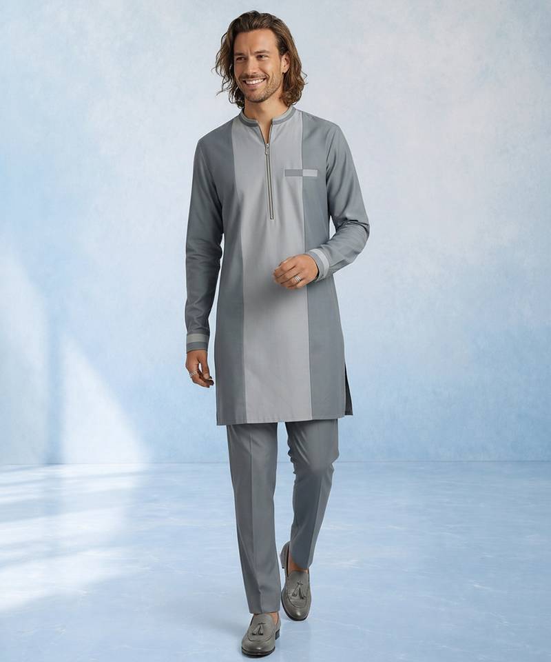 Charcoal grey colour blocked cotton kurta pant set