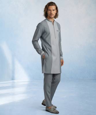Charcoal grey colour blocked cotton kurta pant set 4