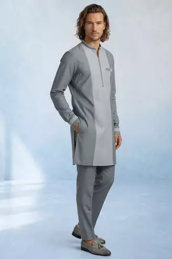 Charcoal grey colour blocked cotton kurta pant set