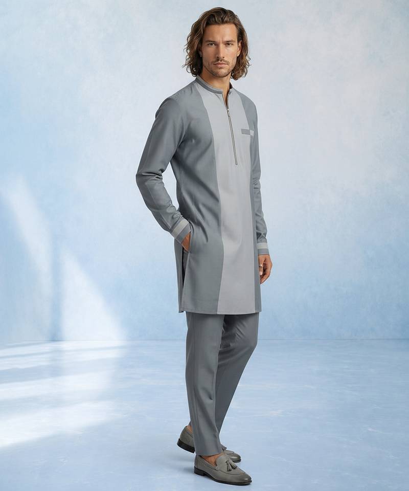 Charcoal grey colour blocked cotton kurta pant set