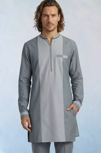Charcoal grey colour blocked cotton kurta pant set