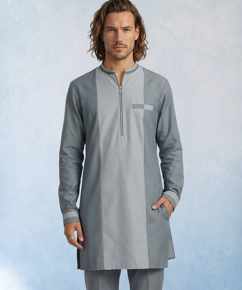 Charcoal grey colour blocked cotton kurta pant set