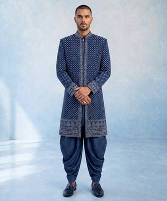 Navy blue embroidered georgette sherwani jacket 1